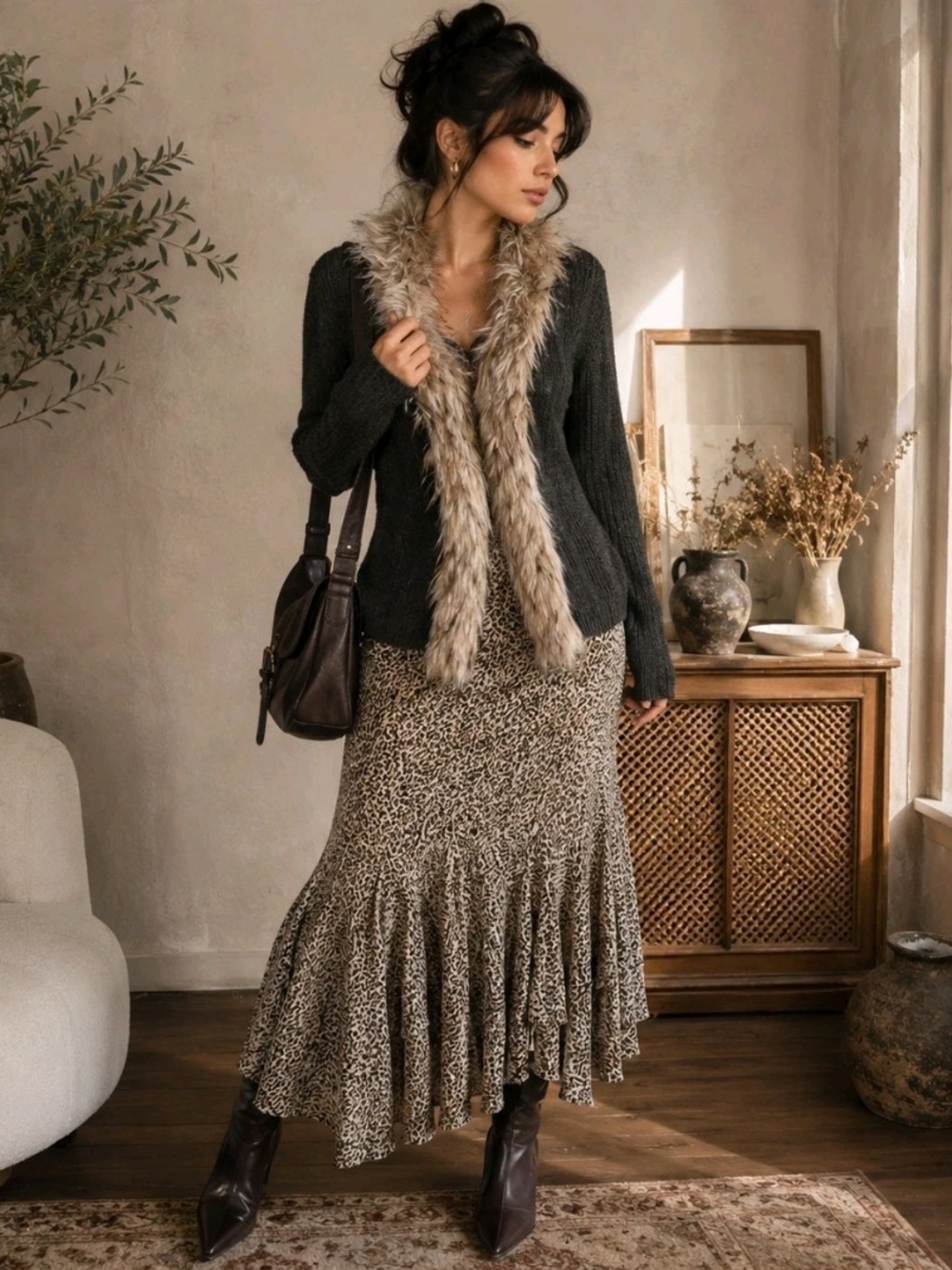 Brown Faux Fur Trimmed Cardigan Retro Petite Size PS Boho Cozy Indie Bohemian
